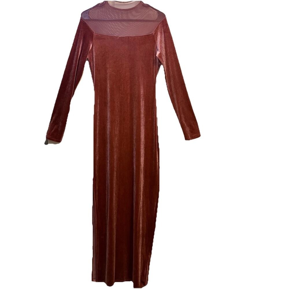 FORE Velvet Maxi Dress Mesh Yoke Long Sleeve Rust Brown Size L - Picture 2 of 4